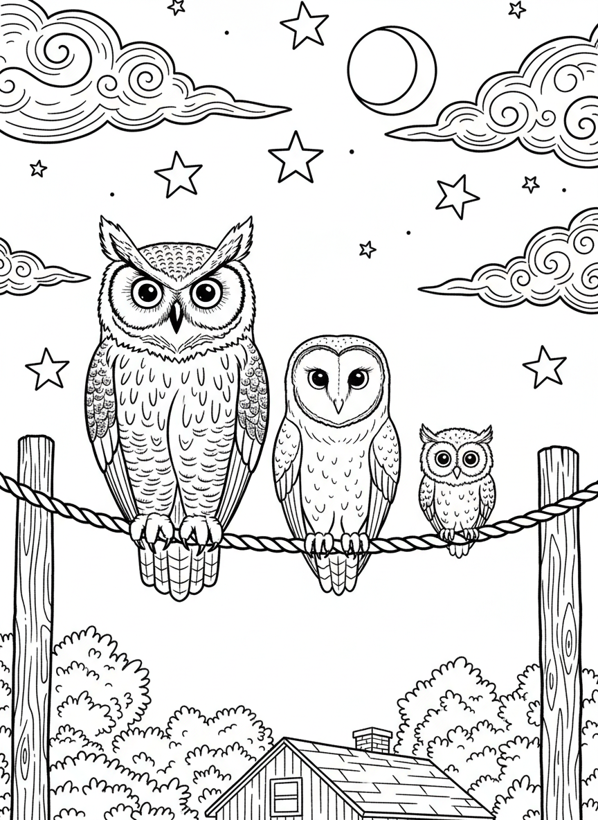 A group of three different owl species sitting on a clothesline together under stars, showing size comparison