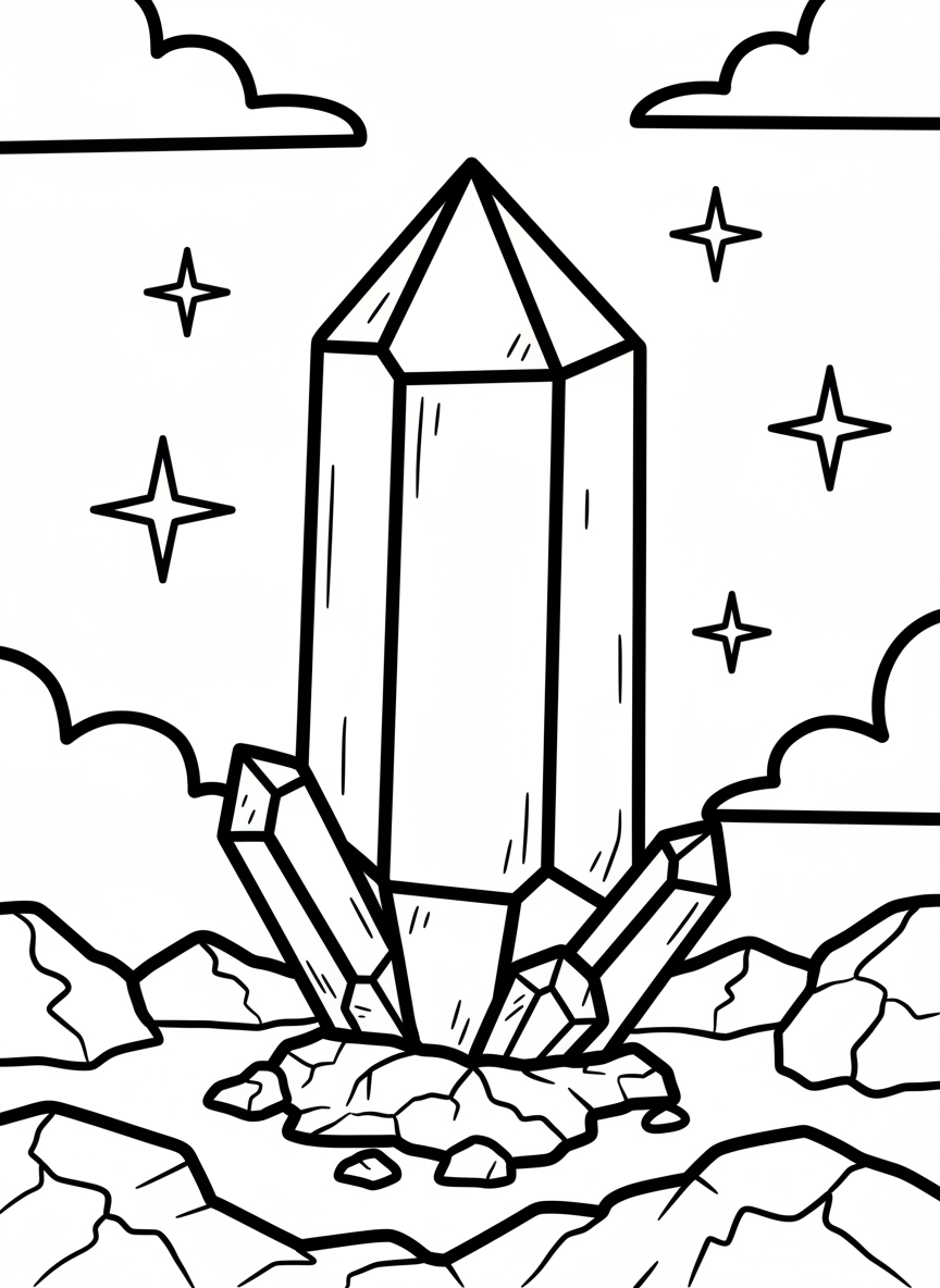 A simple quartz crystal point standing upright with clean geometric facets and a few small stars floating nearby.