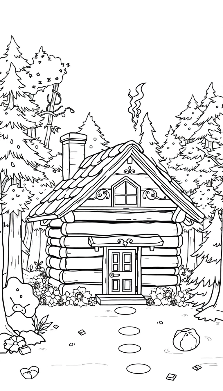  A cozy cabin in the woods with smoke coming from the chimney and surrounded by autumn trees.