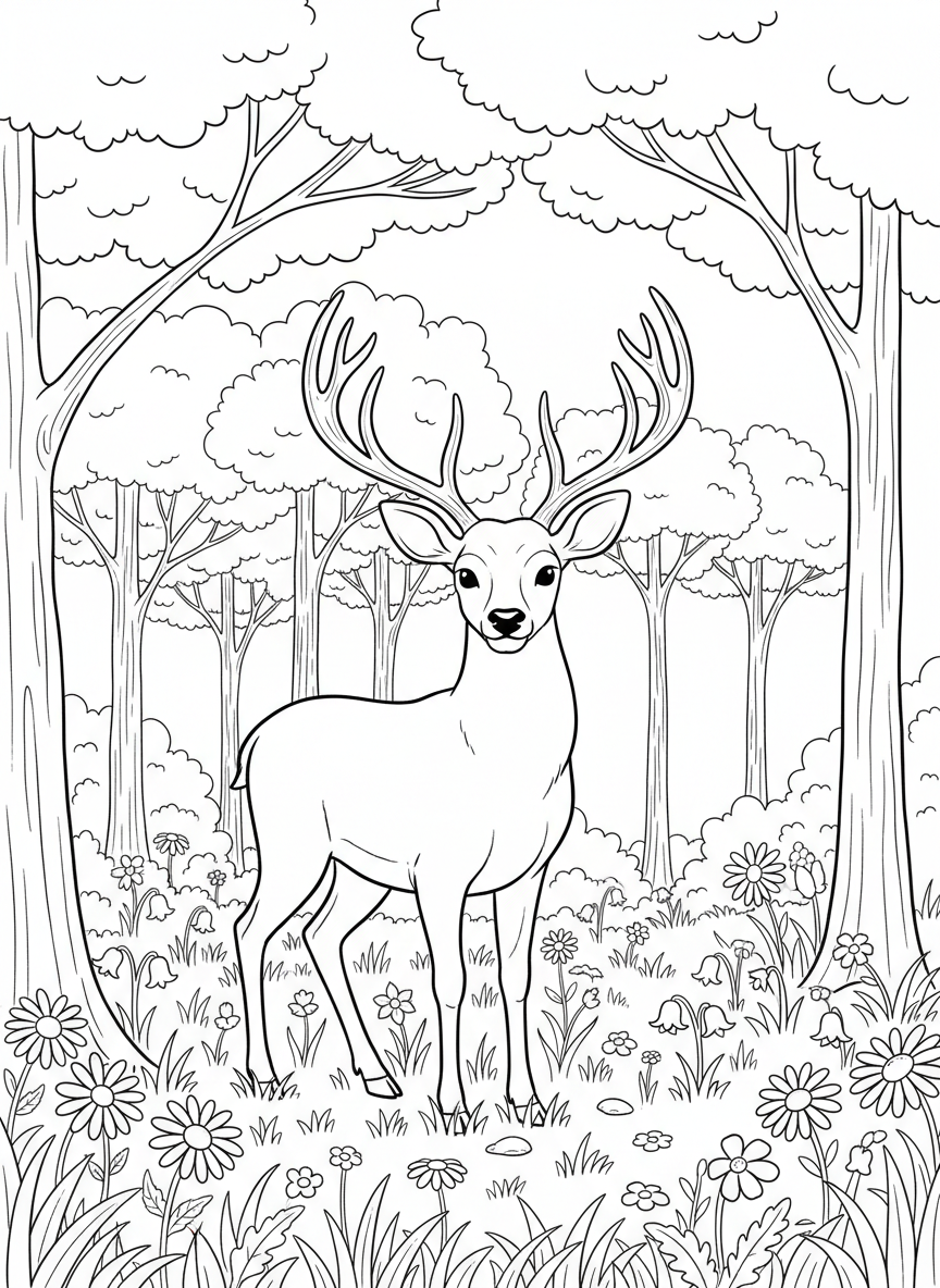 A friendly deer standing in a meadow surrounded by tall trees and wildflowers, with large antlers and a gentle expression.