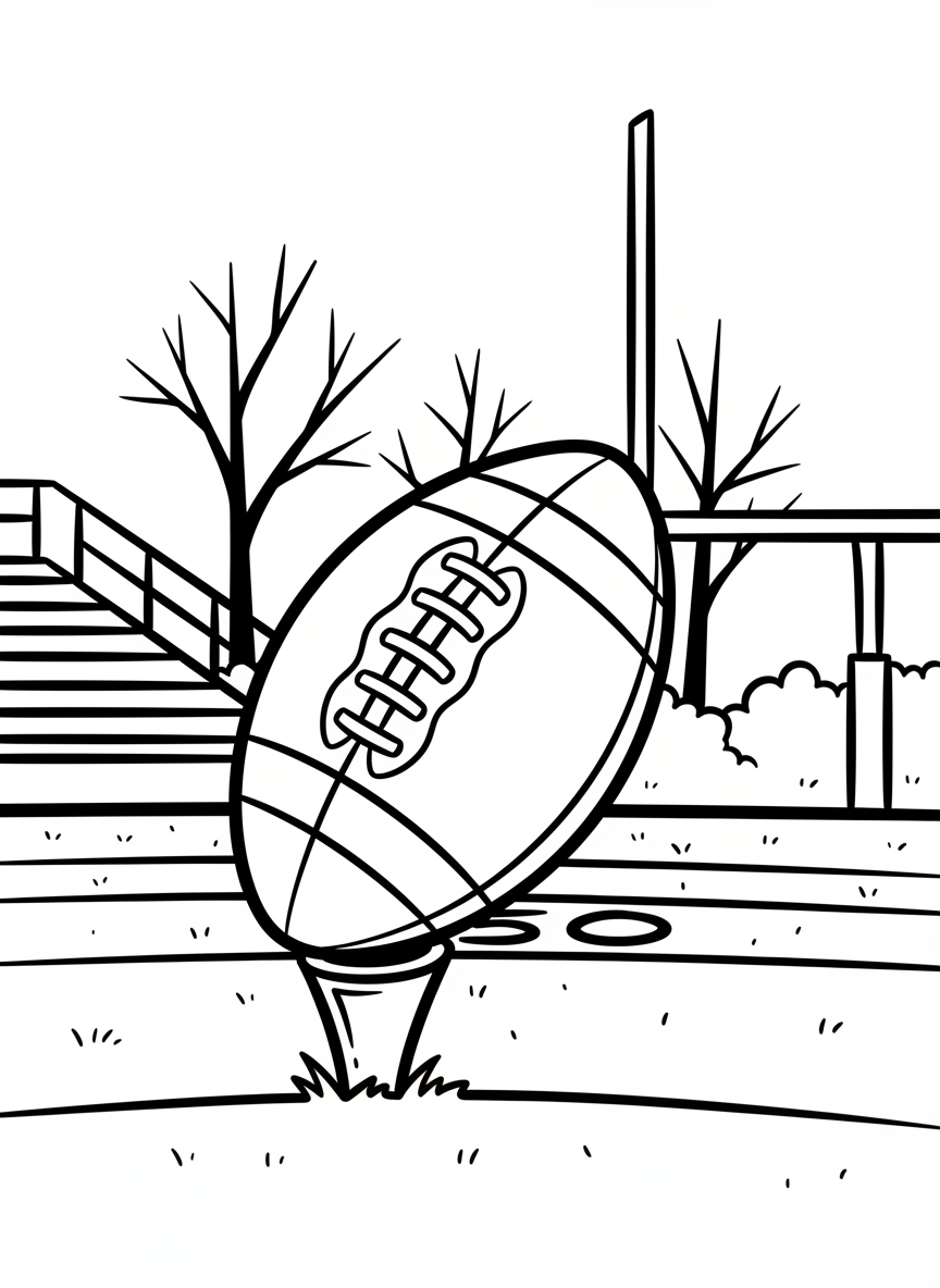 A football sitting on a kicking tee at the 50-yard line, close-up view with laces visible, simple composition