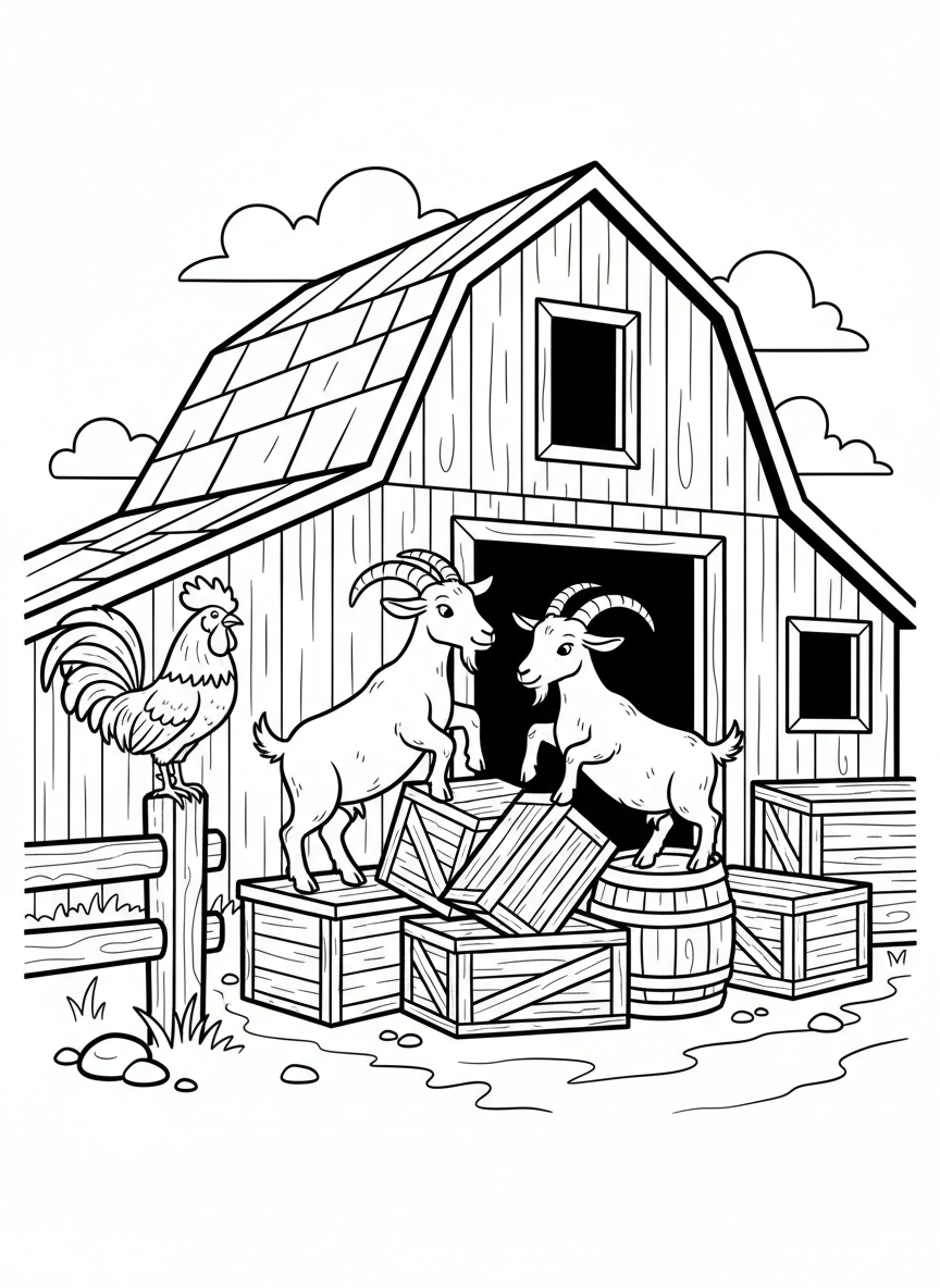 A farm morning with goats climbing on wooden crates, a rooster standing on a fence post, and a rustic barn behind them.
