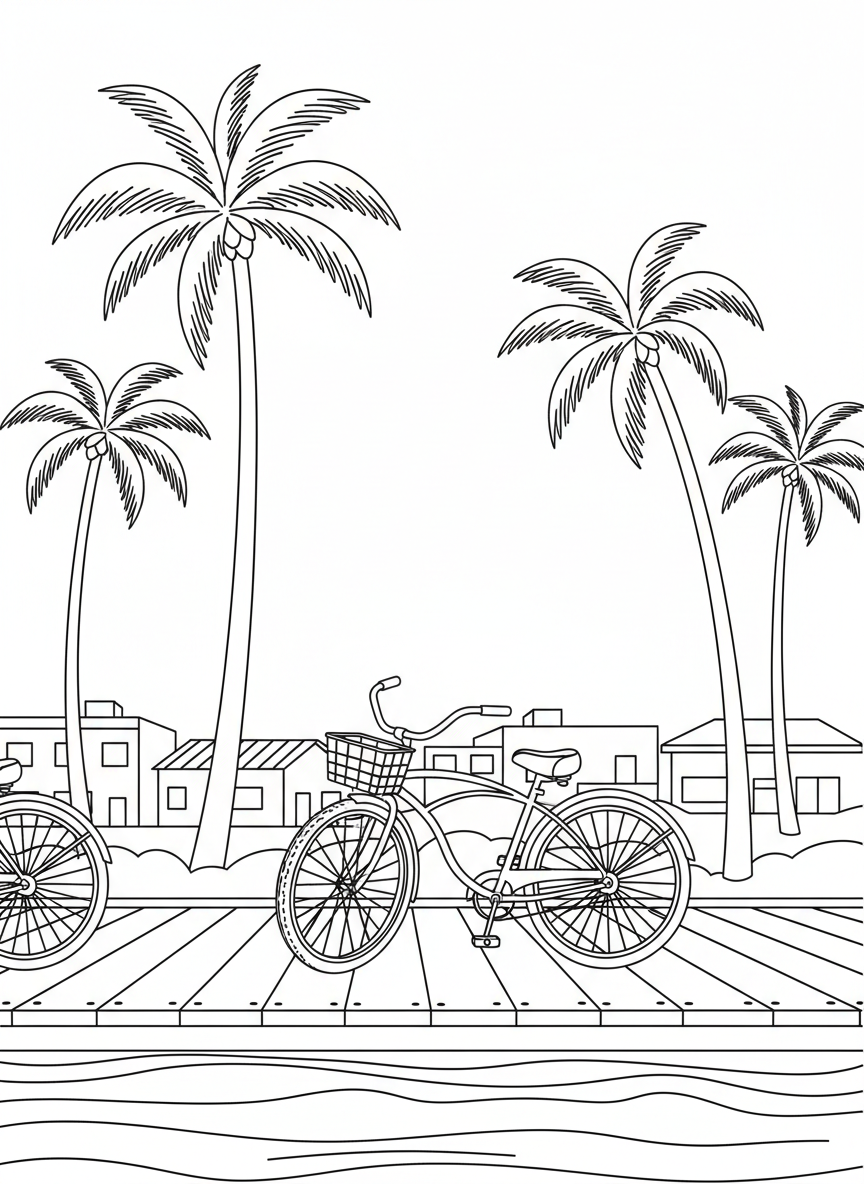 Tall swaying palm trees along a San Diego boardwalk with a beach cruiser bicycle parked nearby, relaxed coastal scene