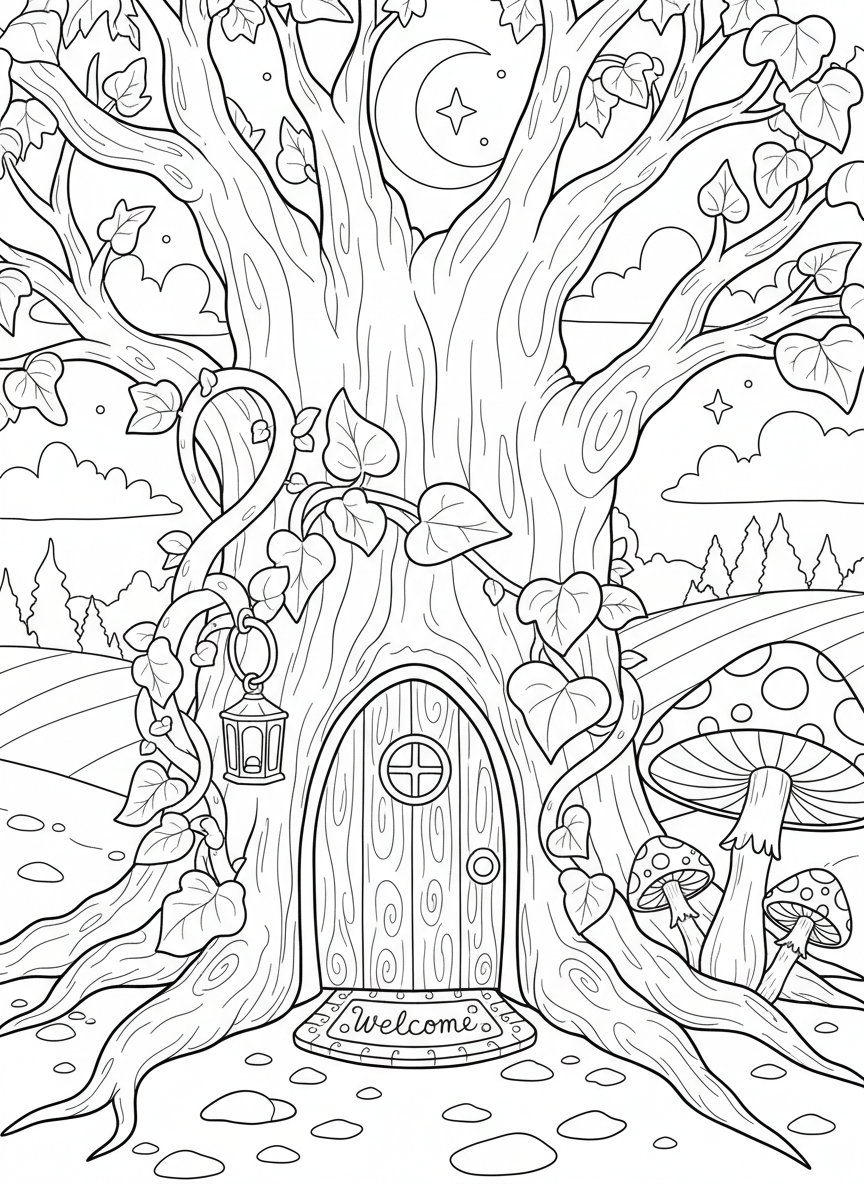 A tiny fairy door at the base of an old oak tree with a welcome mat, lantern, and climbing vines, magical woodland scene