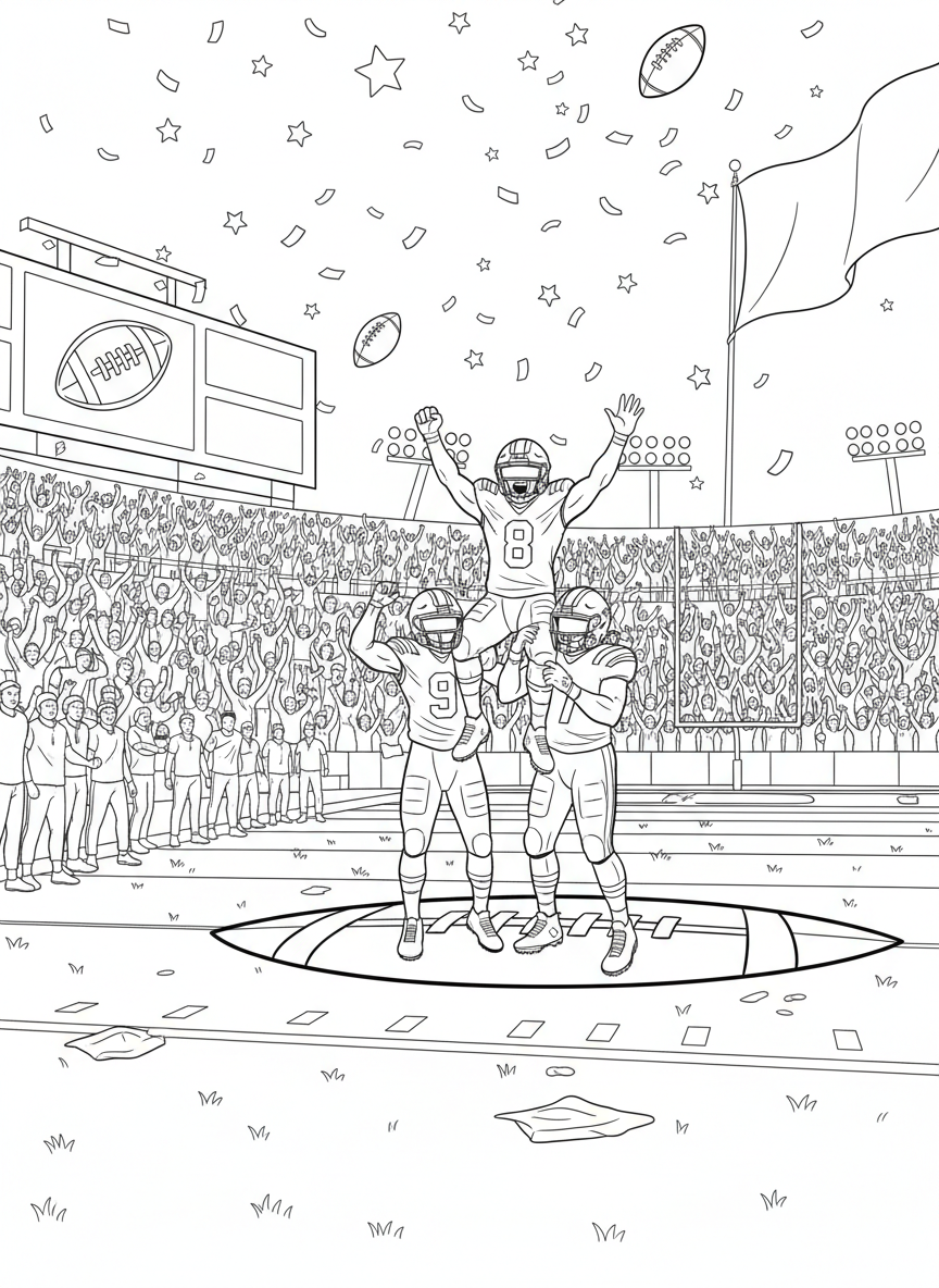NFL Kickoff coloring page prompts capturing the start of football season, anticipation, tailgates, and opening-week excitement.	A celebratory moment after the first touchdown of the new season.