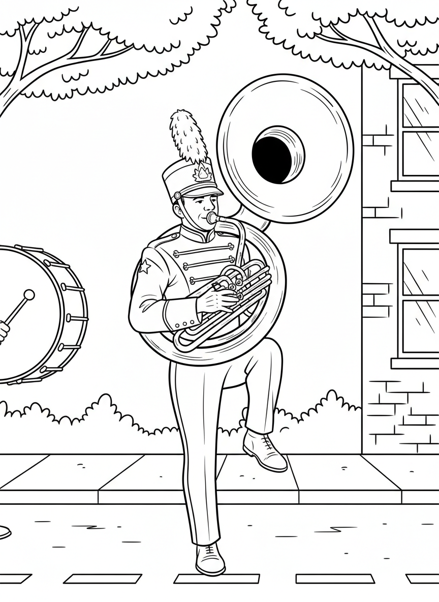 A marching band tuba player carrying a big shiny tuba, marching forward with one leg lifted high.