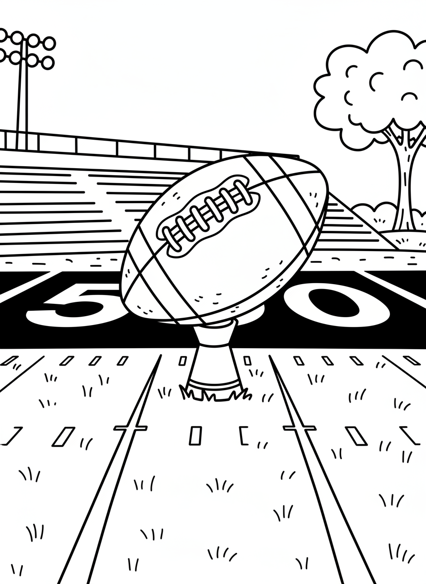 A football with laces clearly visible, sitting on a kicking tee at the 50-yard line, ready for kickoff.
