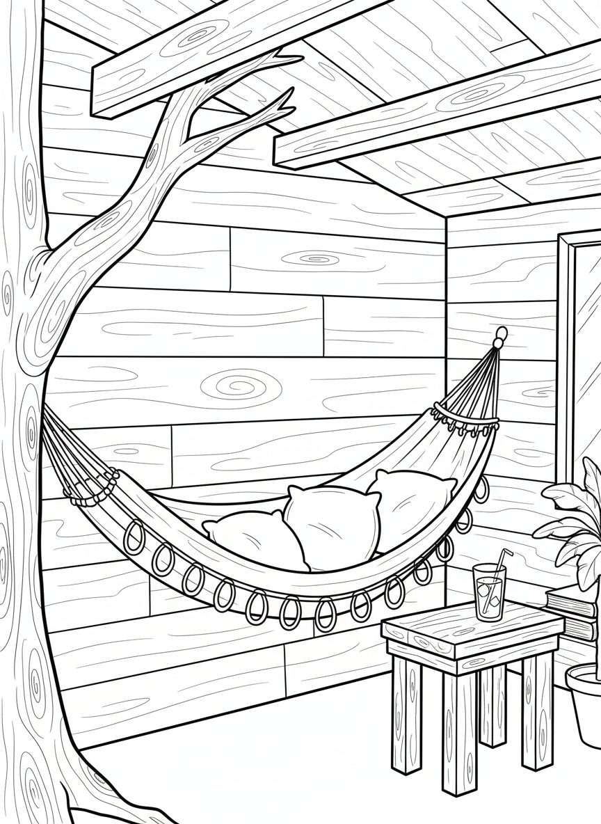 Hammock stretched across a treehouse room with pillows, a side table holding a drink, and wooden plank walls.