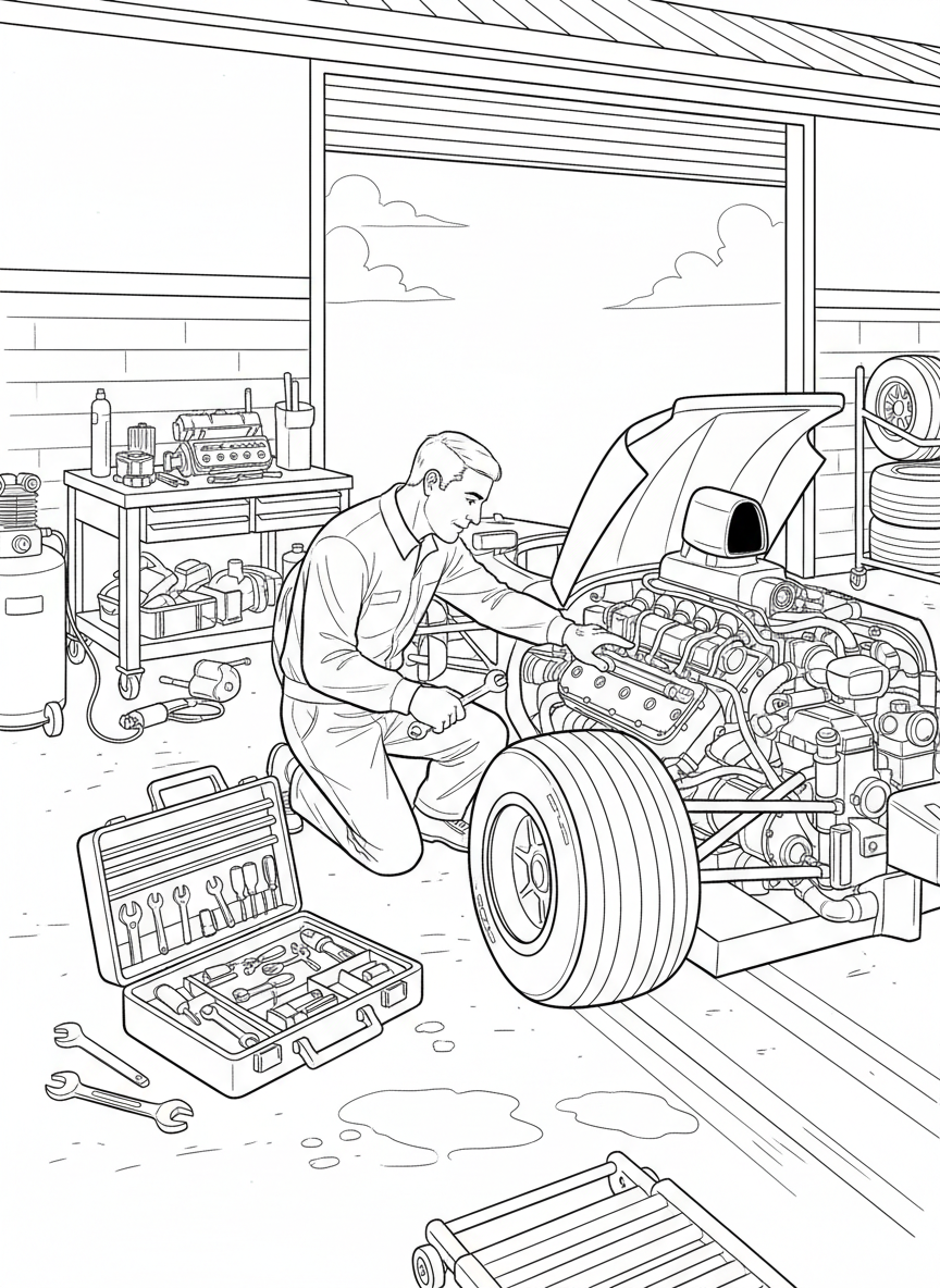 A mechanic inspecting a Formula One car engine in the garage, with toolbox and parts visible around the workspace.