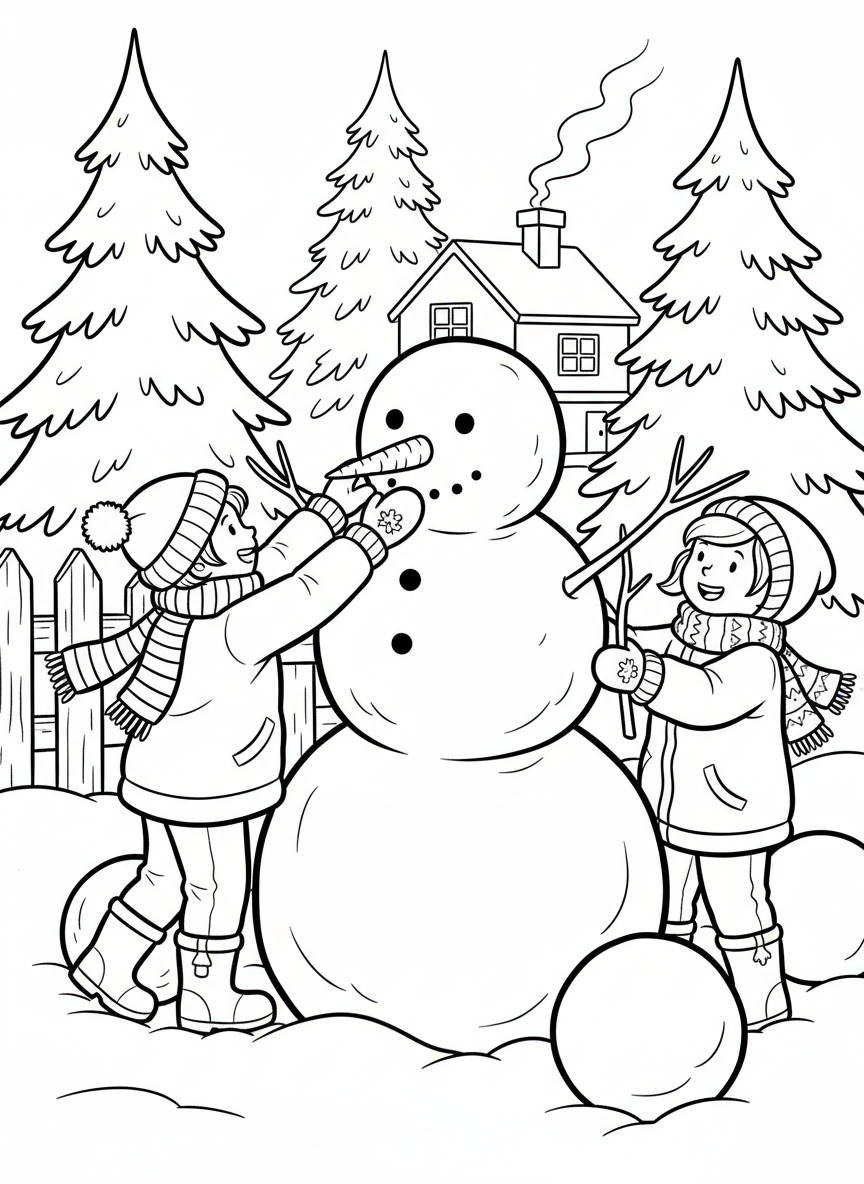 Children building a snowman together in winter, working as a team with scarves and mittens, simple outdoor scene.