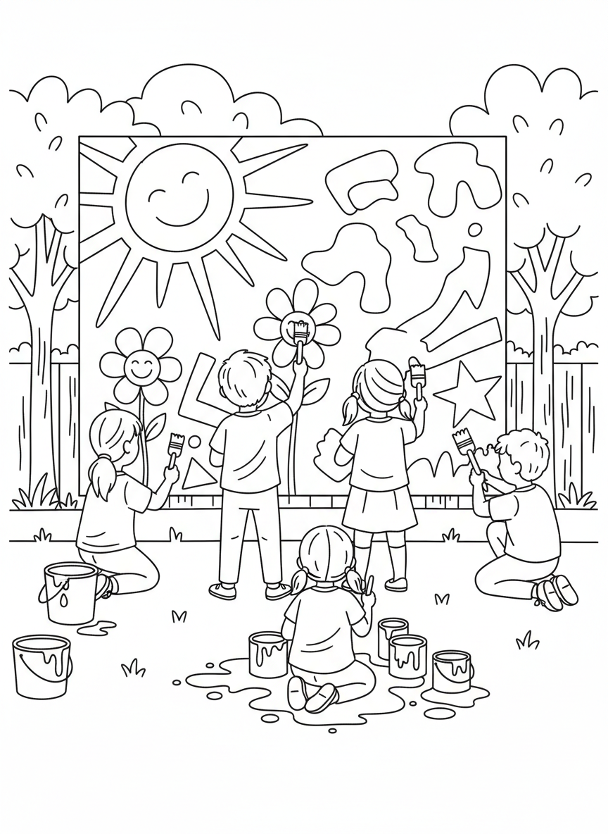 Kids painting a friendship mural together on a large canvas, with paint buckets and brushes, collaborative art scene.
