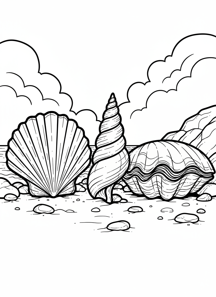 Three different seashells arranged in a row: a scallop shell, a spiral shell, and a clam shell, each with unique ridge patterns.