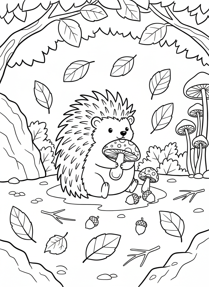 A cute hedgehog gathering mushrooms and acorns among scattered fall leaves on the forest floor.
