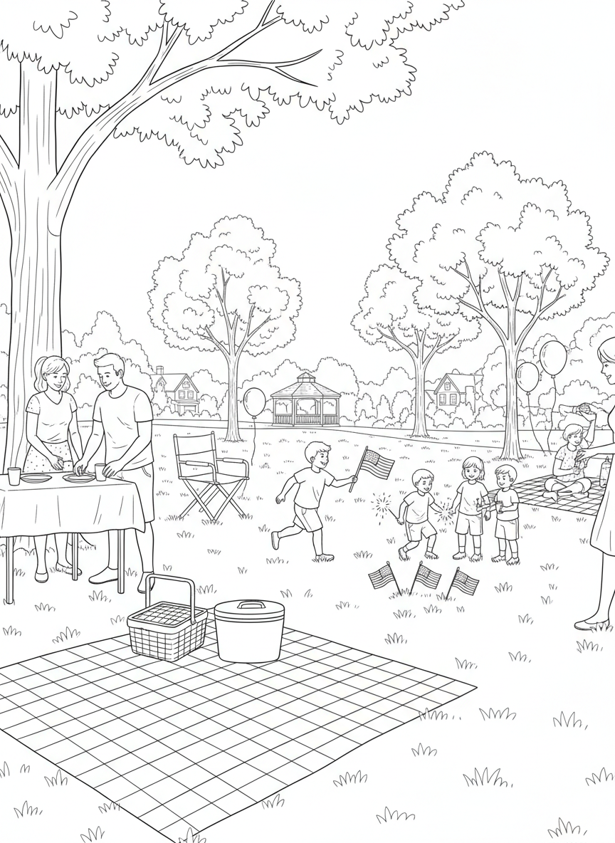 Fourth of July Picnic coloring page prompts capturing summer gatherings, patriotic colors, and relaxed outdoor celebrations.	Families setting picnic tables with coolers, baskets, and folding chairs while children run across open grass waving small flags.