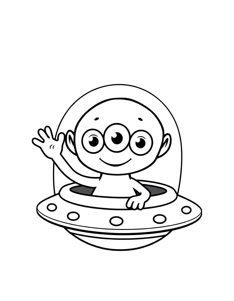 A cute alien creature with three eyes and a friendly smile, waving from inside a flying saucer.