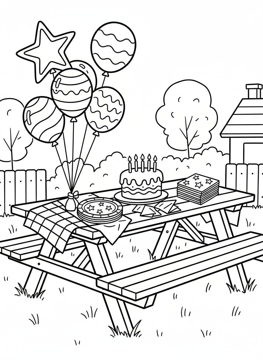 Red, white, and blue balloons tied to a picnic table with paper plates and napkins ready for a celebration.