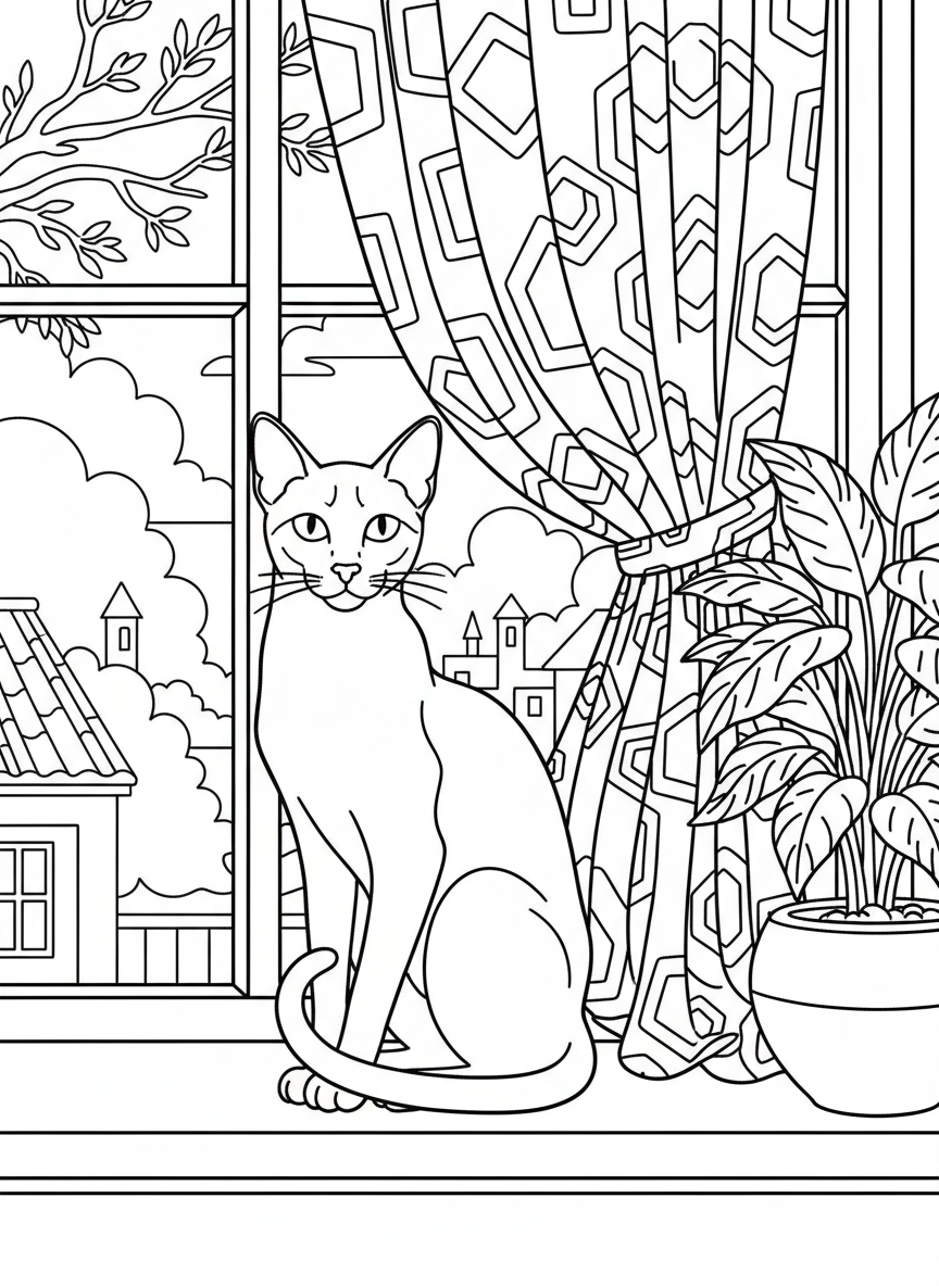 A Siamese cat sitting elegantly on a windowsill looking outside, with curtains and potted plant nearby, detailed scene.