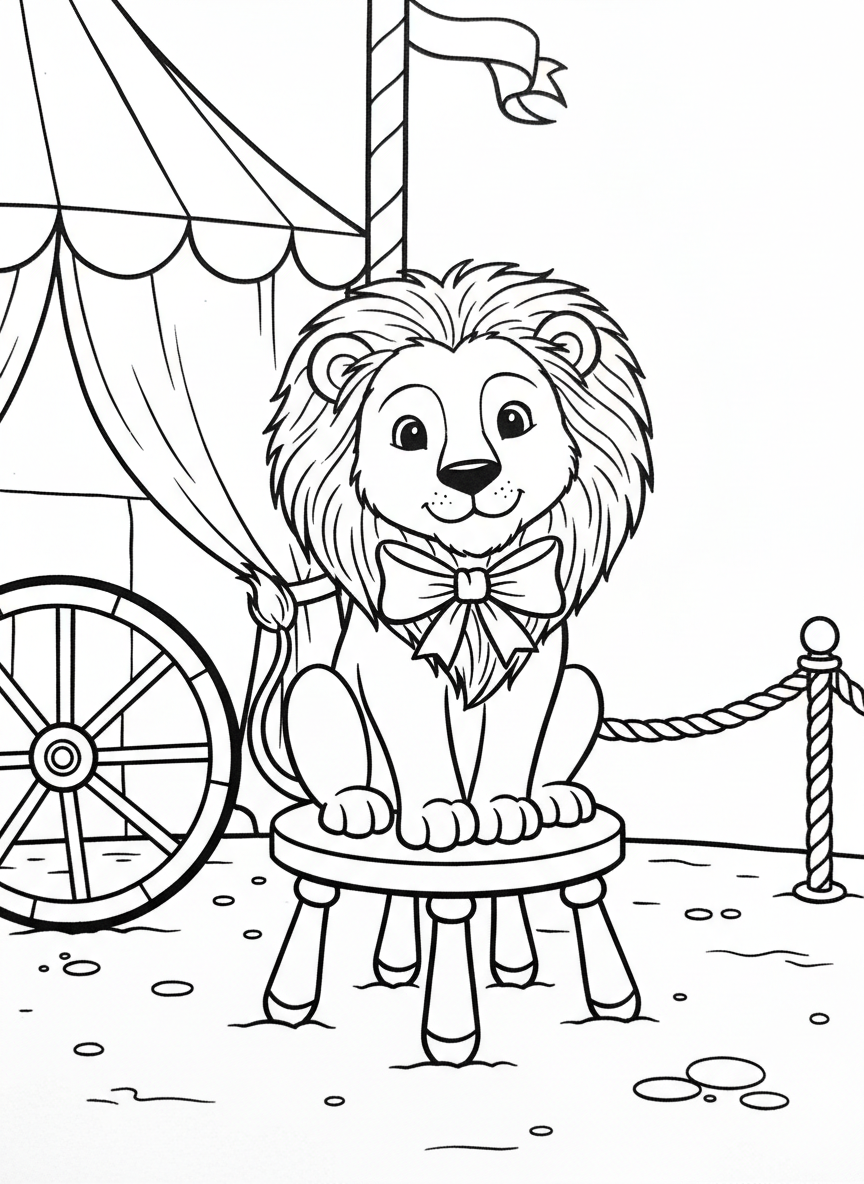 A circus lion sitting calmly on a stool, wearing a collar with a bow, looking friendly and gentle.