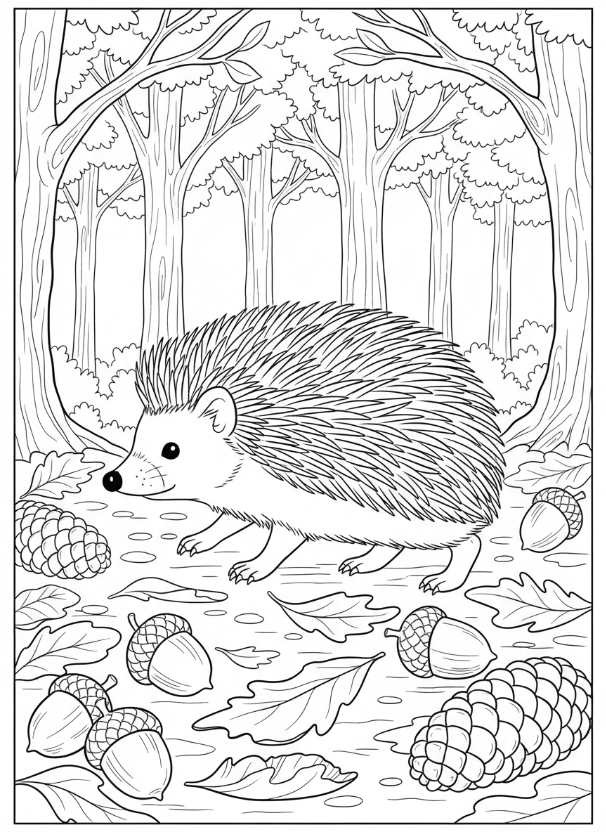 A hedgehog walking through fallen autumn leaves, with acorns and pinecones scattered on the forest floor.