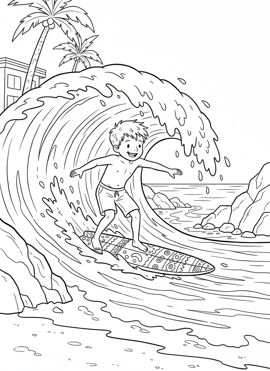 A smiling surfer kid riding a wave at Pacific Beach with a surfboard decorated with fun patterns, action scene