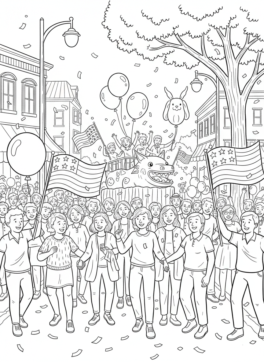 A community parade scene with people waving flags, carrying balloons, and celebrating together on a street