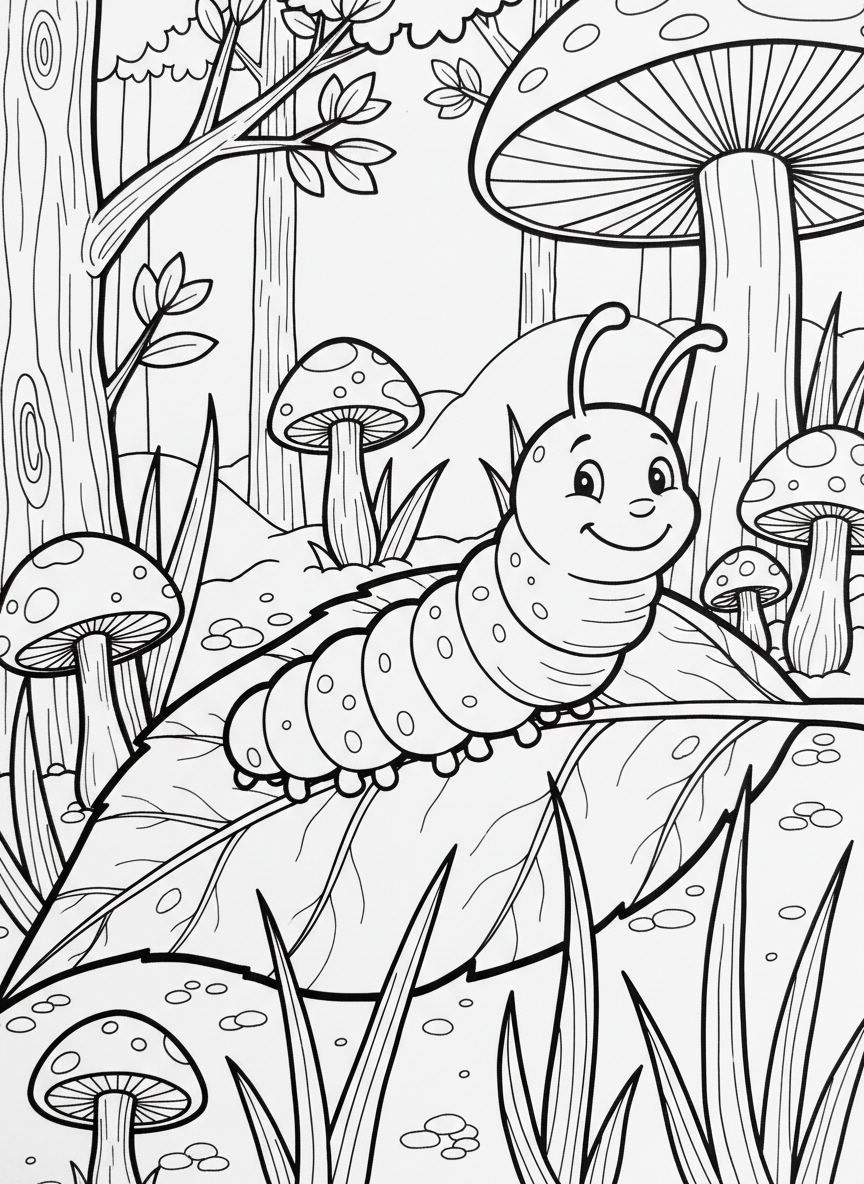 A friendly caterpillar crawling along a leaf with distinct body segments, surrounded by small mushrooms and grass blades in a forest floor scene.