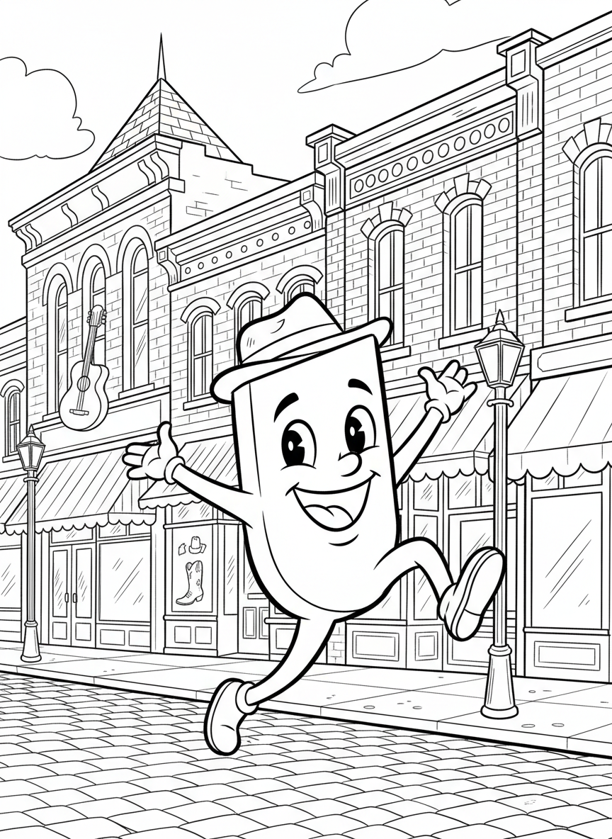 A cute cartoon music note character dancing on a Nashville street with storefronts and lampposts in the background.