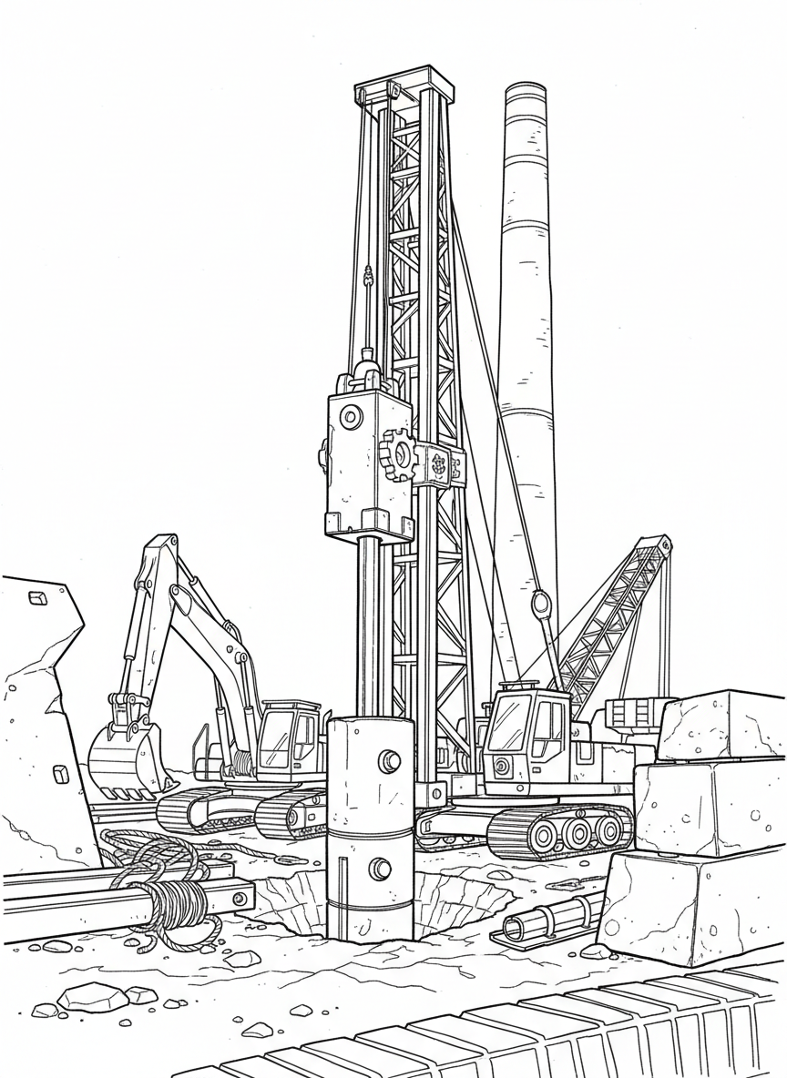 A pile driver machine hammering a foundation post into the ground, industrial equipment with clear mechanical details.