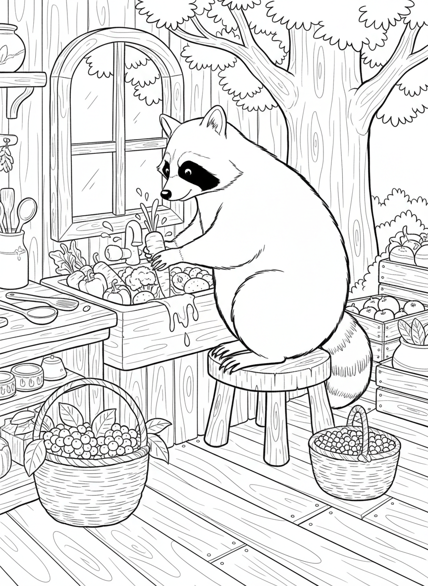 A raccoon washing vegetables in a wooden sink inside a treehouse kitchen, with baskets of forest berries nearby.