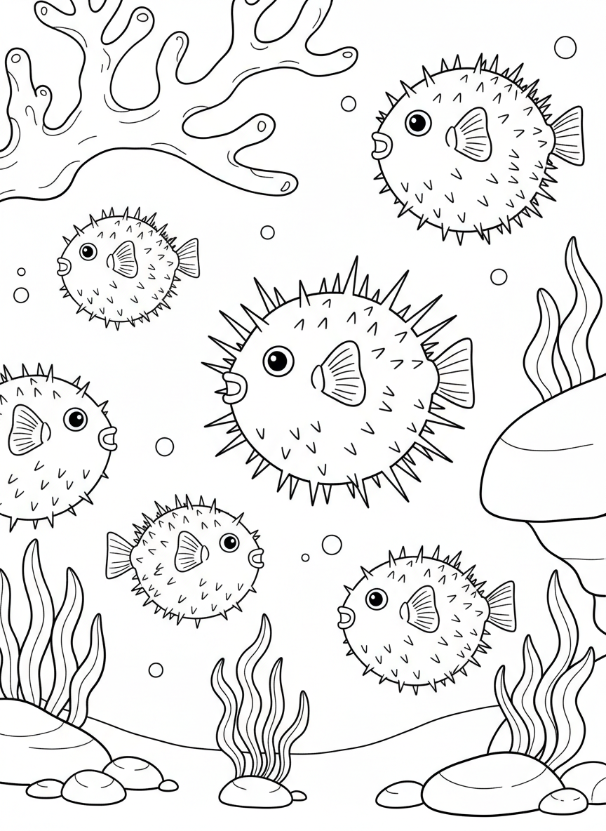 Simple scene with exactly 6 round pufferfish with spiky lines, some inflated and some regular, floating at different levels.