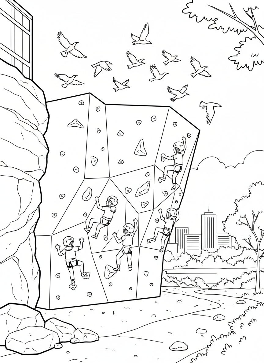 The Scioto Audubon Metro Park climbing wall with kids climbing, birds flying overhead, and the park landscape below