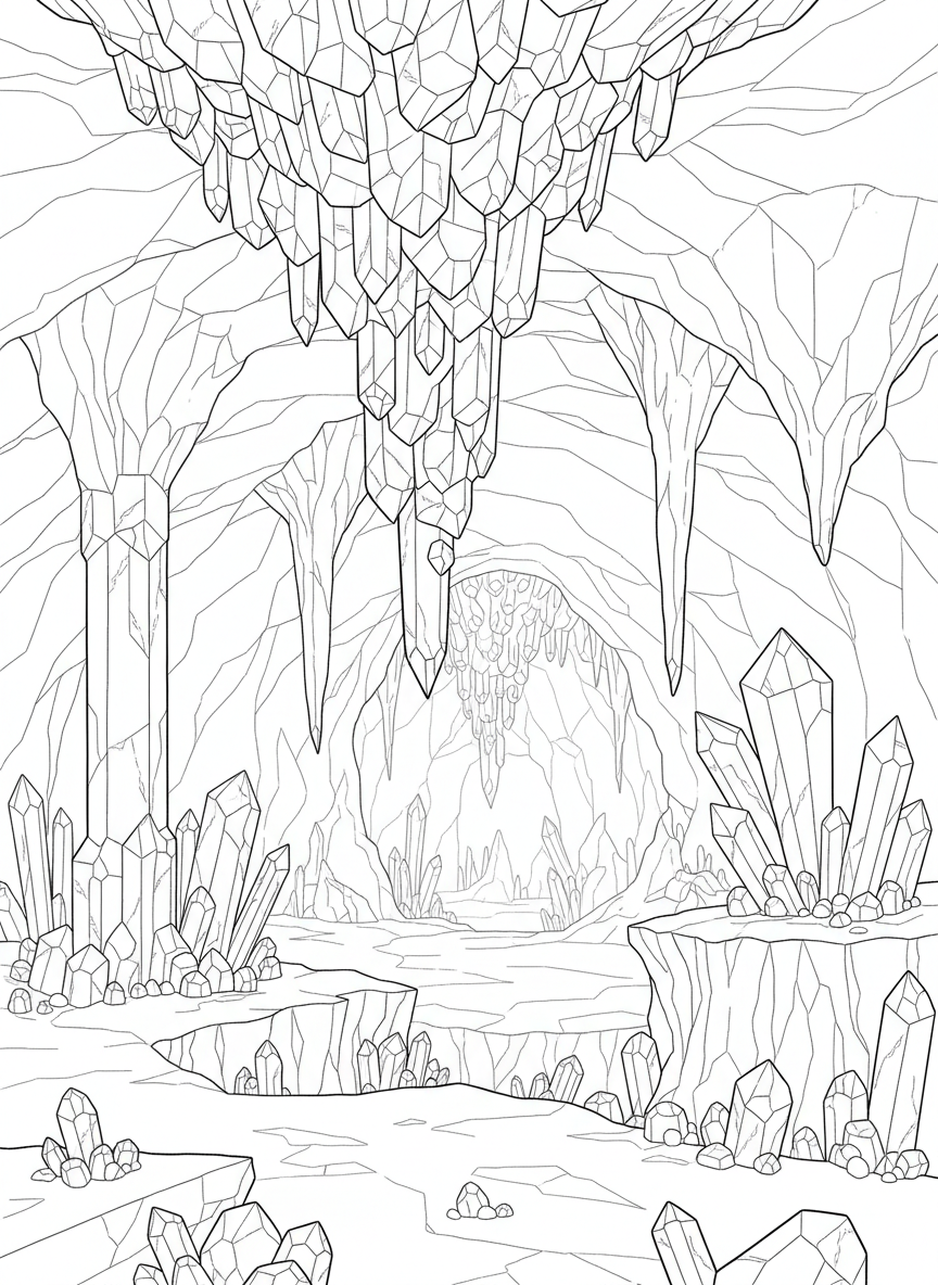 An underground cave scene showing crystal formations growing from the ceiling and floor, with stalactites made of shimmering gems.
