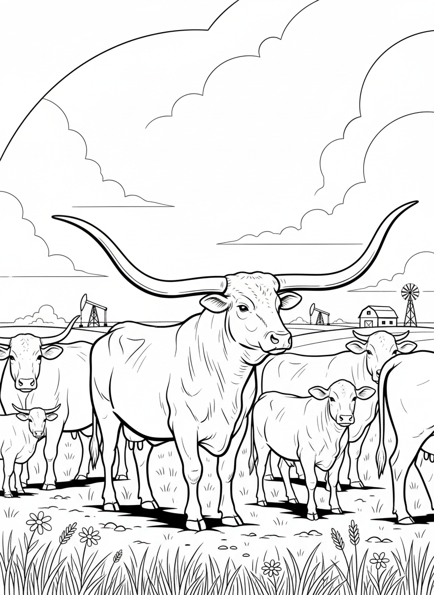 A longhorn steer with big horns standing proudly in an open field, iconic Oklahoma cattle in simple line art.
