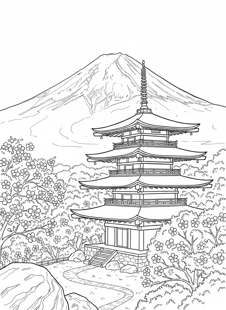 Mount Fuji with cherry blossom trees in the foreground and a traditional Japanese pagoda on the hillside.