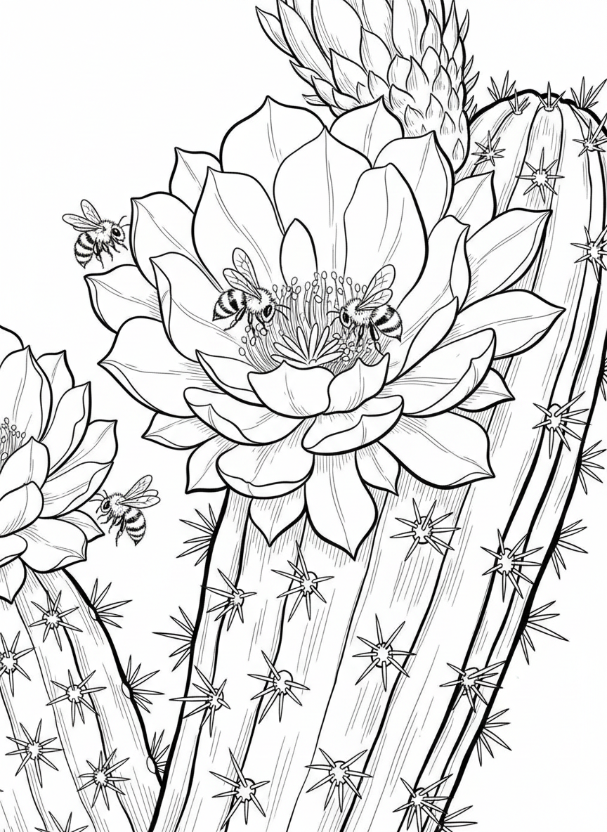 Close-up of a blooming saguaro cactus flower with detailed petals, bees visiting, and the cactus arm showing texture