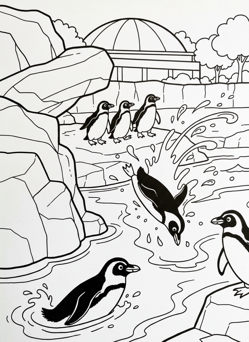 Penguins waddling and swimming at the Fort Worth Zoo aquatic exhibit, playful scene with rocks and water splashes