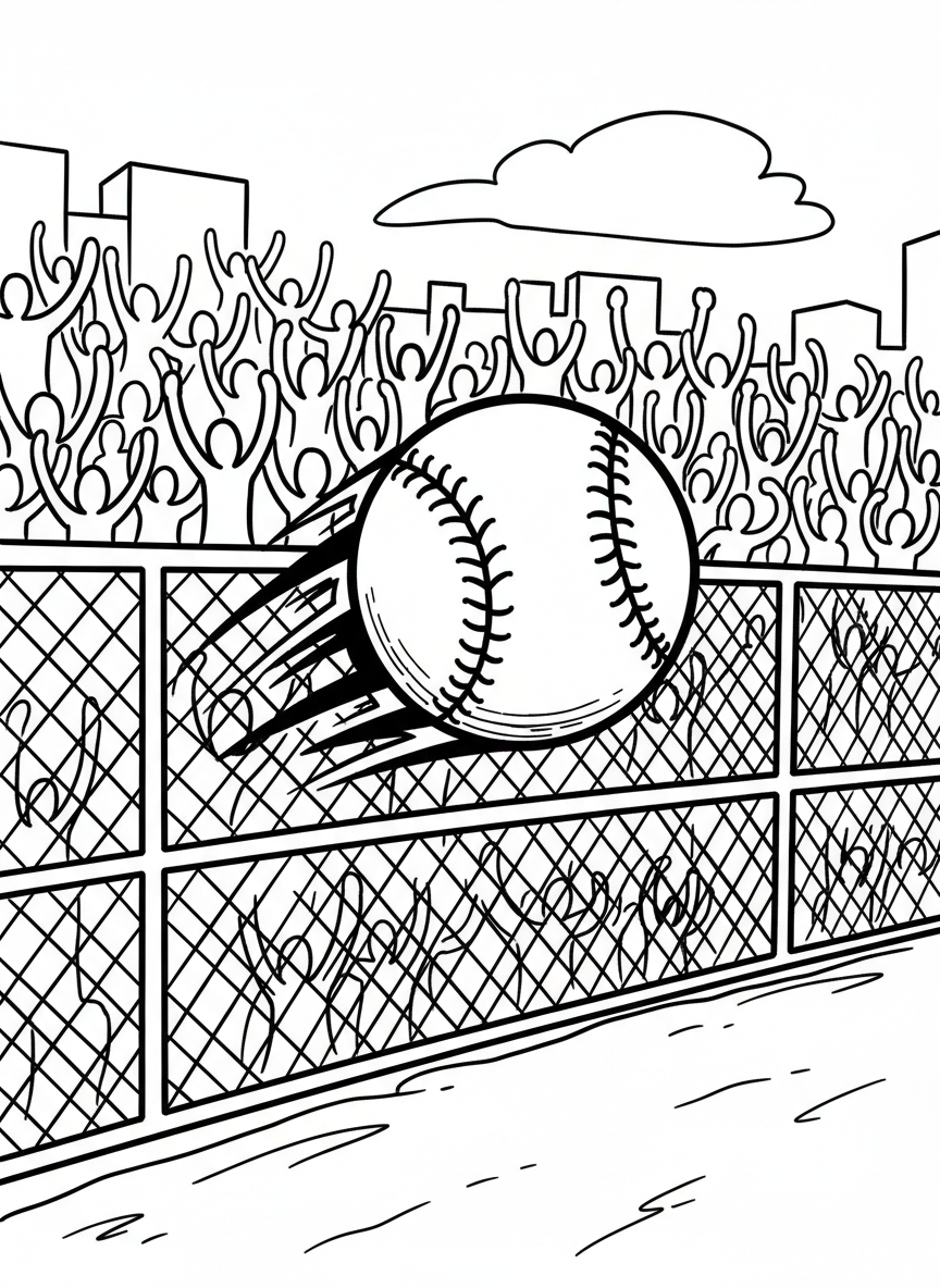 A baseball flying through the air with motion lines, soaring over a fence for a home run with cheering crowd silhouettes below.