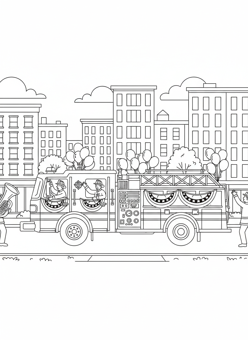 A fire truck decorated with bunting and balloons driving in an Independence Day parade, firefighters waving to the crowd from the vehicle.