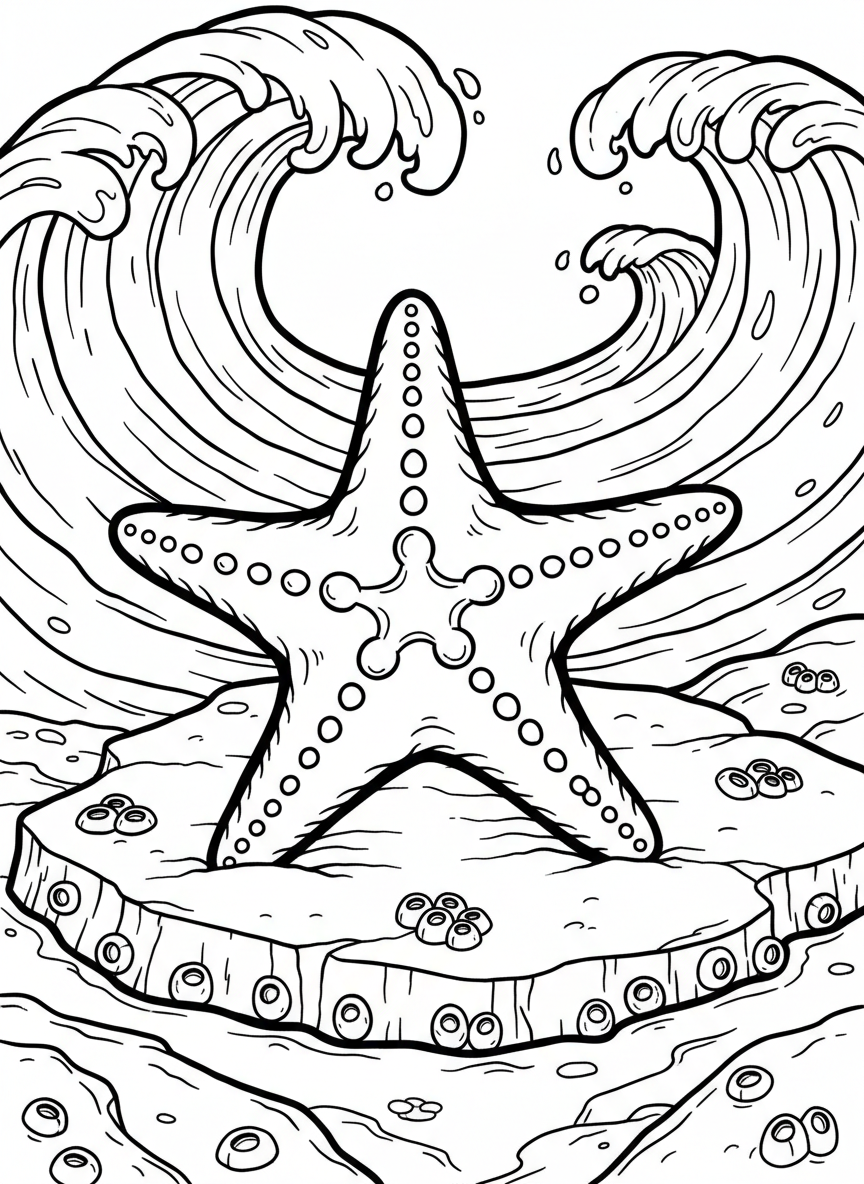 A large starfish in the center with five arms spread out, resting on a flat rock with barnacles around the edges.