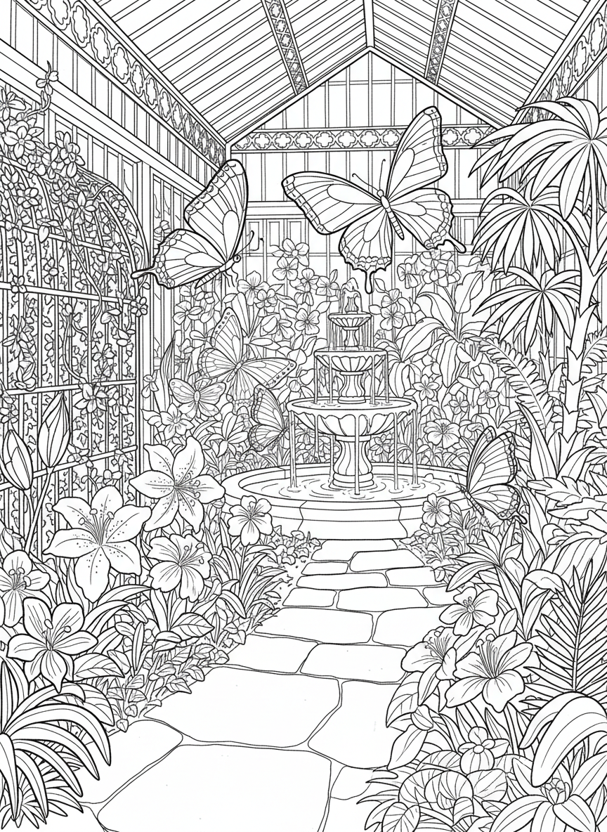 A colorful butterfly garden scene with various butterflies, flowers, and a small fountain, inspired by Franklin Park Conservatory