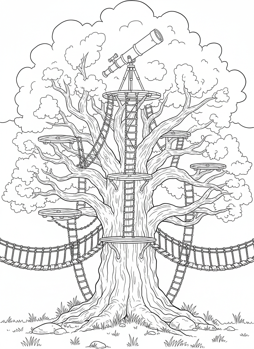 A large oak tree with multiple platforms connected by rope ladders and bridges, a telescope on the highest platform