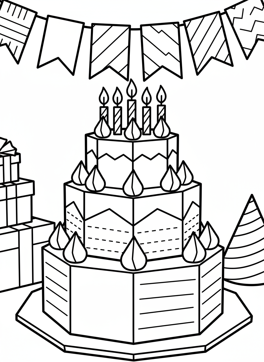 A detailed origami birthday cake with three geometric layers, angular frosting swirls, triangular candles on top, and decorative fold patterns.