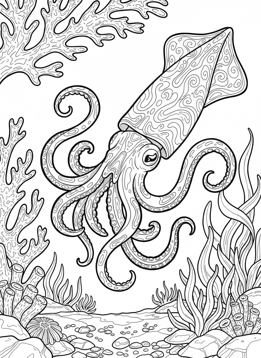 A colorful squid with flowing tentacles gliding through a tide pool filled with coral and sea plants, detailed line art