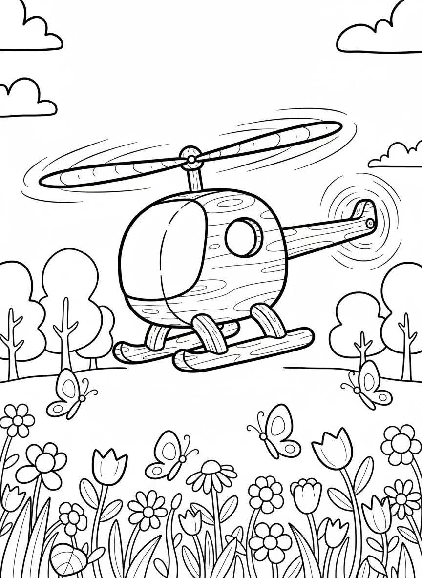 A whimsical wooden toy helicopter with spinning rotor blades, hovering over a meadow with butterflies, simple charming design