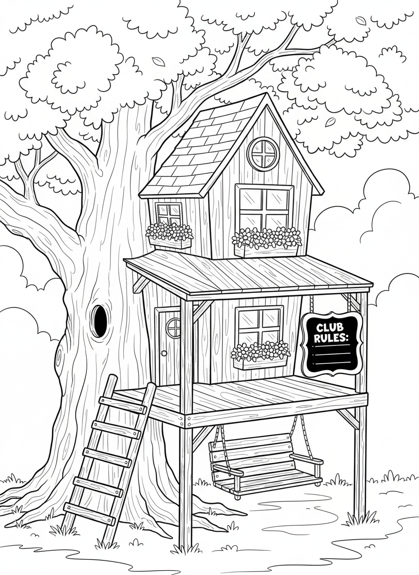Treehouse clubhouse with a porch swing, flower boxes under the windows, and a chalkboard sign for writing club rules.