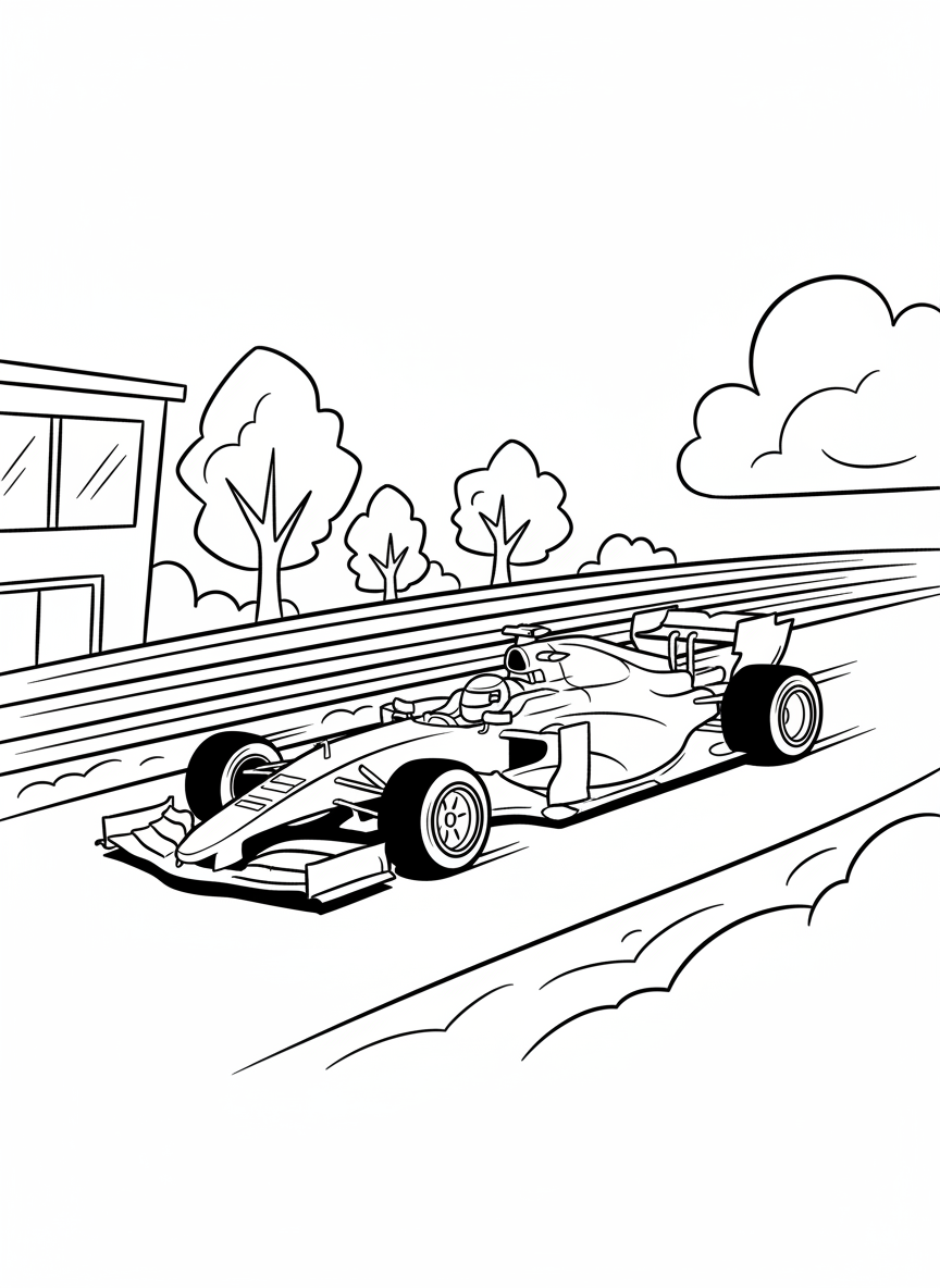 A sleek Formula One race car speeding around a curved track, with simple aerodynamic details and large wheels, side view perspective.