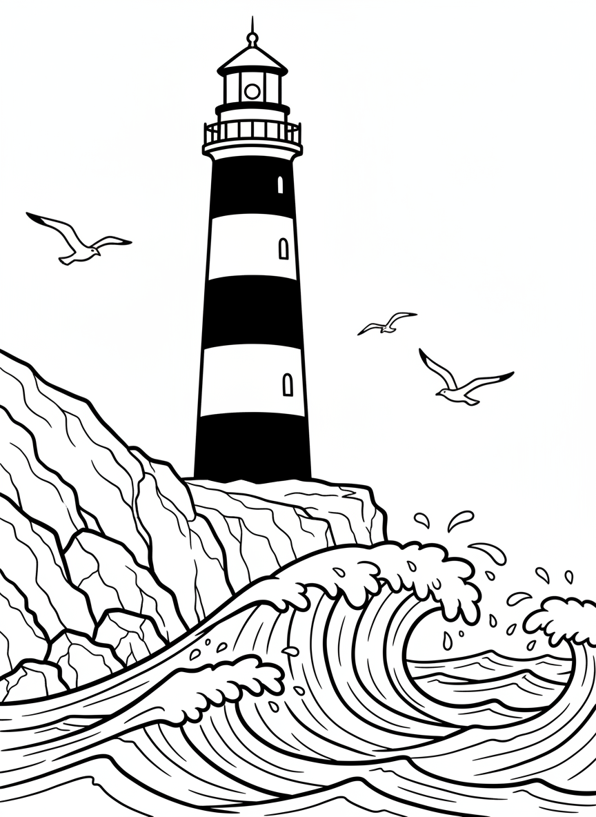 A tall striped lighthouse on a rocky cliff with waves crashing below and a few seagulls flying in the sky, simple line art for coloring