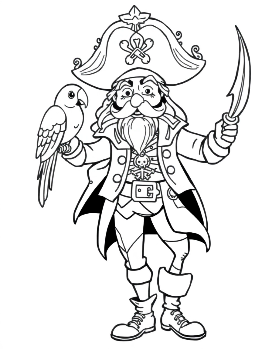 A pirate captain with a peg leg and a parrot.