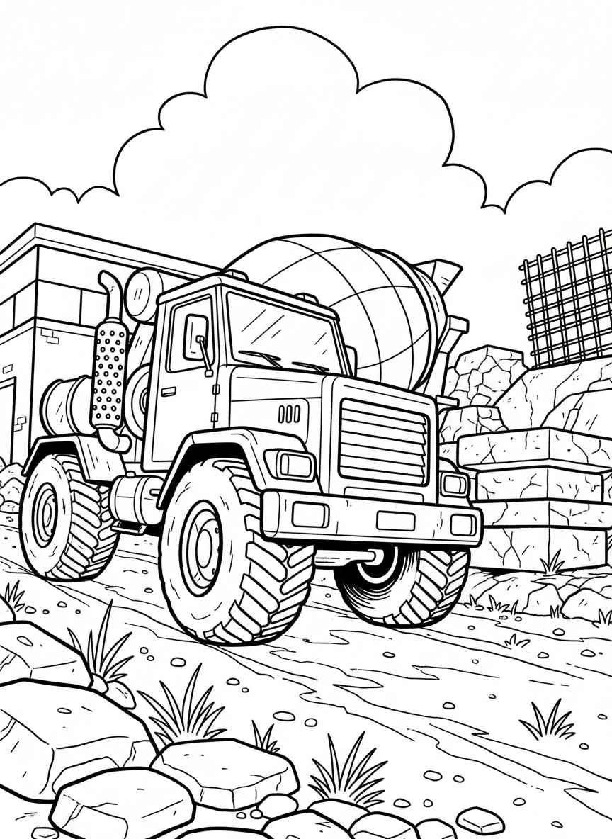 A cement mixer truck with a rotating drum, shown at an angle with bold lines and large wheels, easy to color.