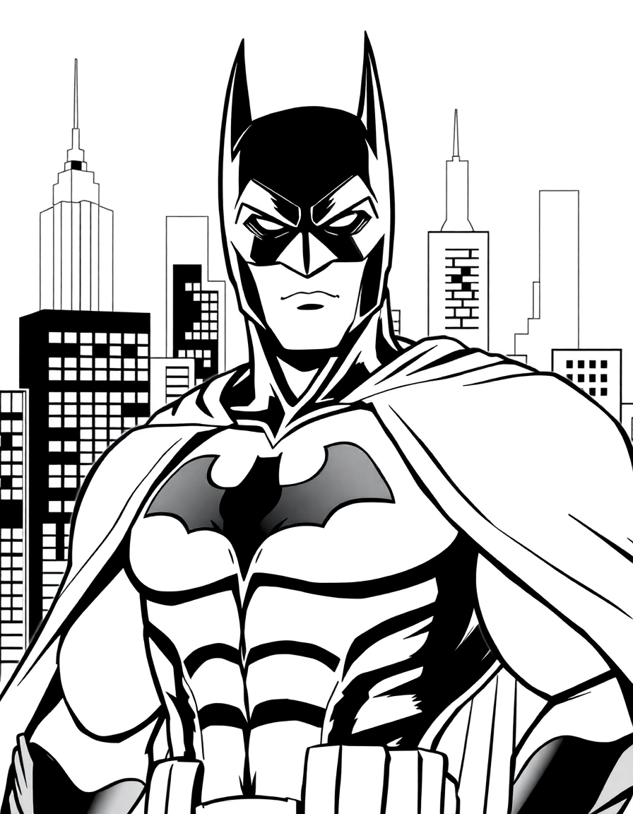 a mature strong looking superhero in the style of batman with gotham city in the background